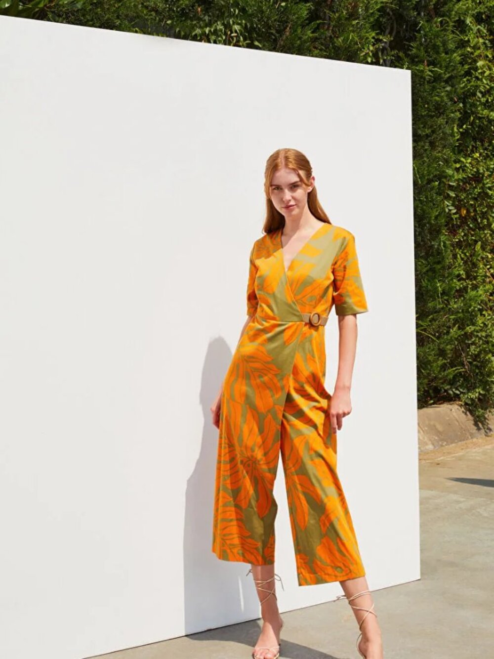 Green & Orange Tropical Print Wrap Jumpsuit – Short Sleeve Wide Leg - Picture 2 of 5